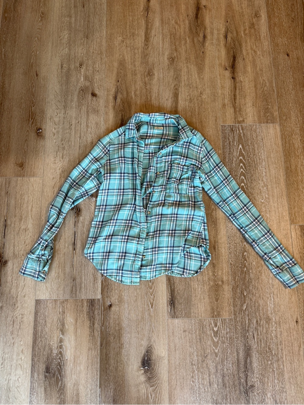 Hollister Plaid Button-Up Shirt in Aqua and Navy